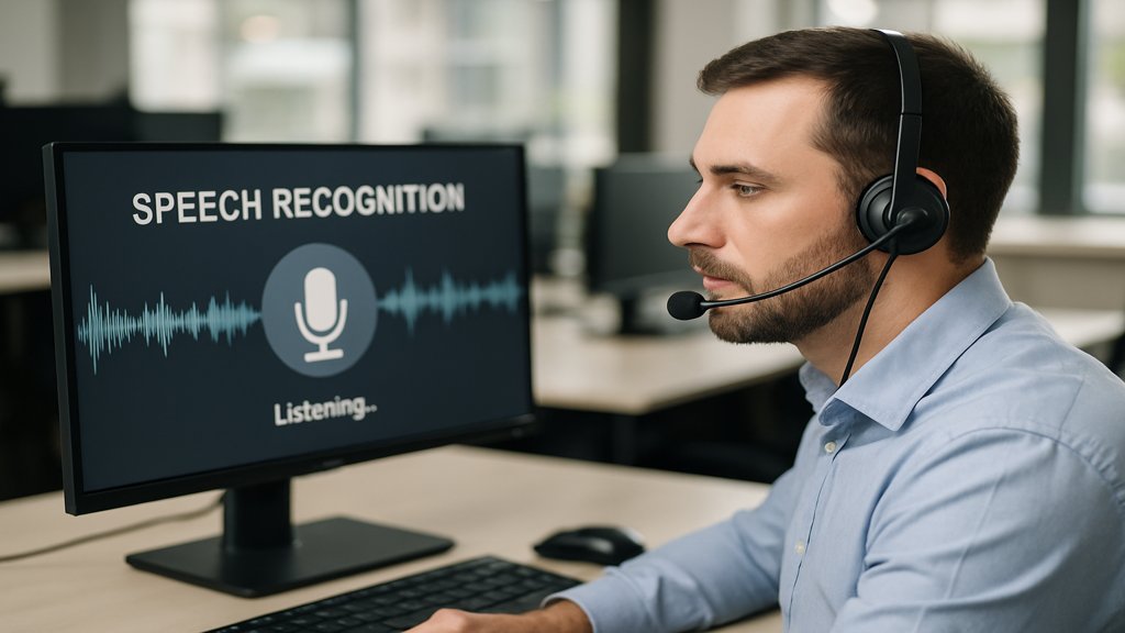 Call-Center-Agent mit Spracherkennungssoftware auf dem Bildschirm.