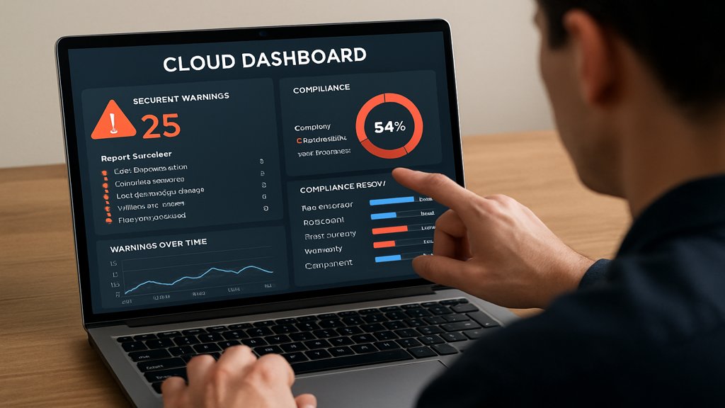 Cloud-Dashboard mit Sicherheitswarnungen und Compliance-Berichten.