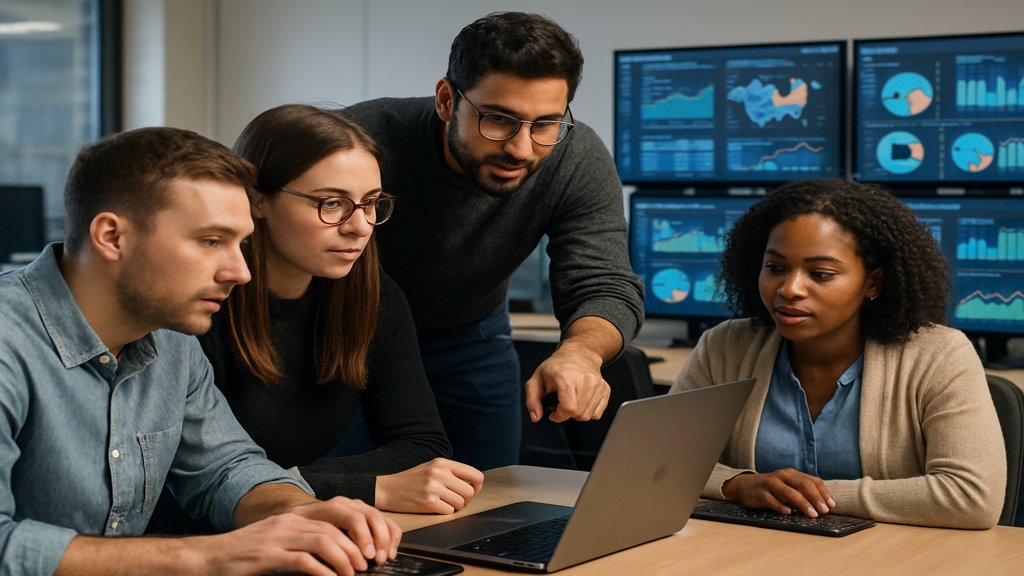 Datenwissenschaftler arbeiten an einem Projekt mit Computern und großen Bildschirmen im Hintergrund.