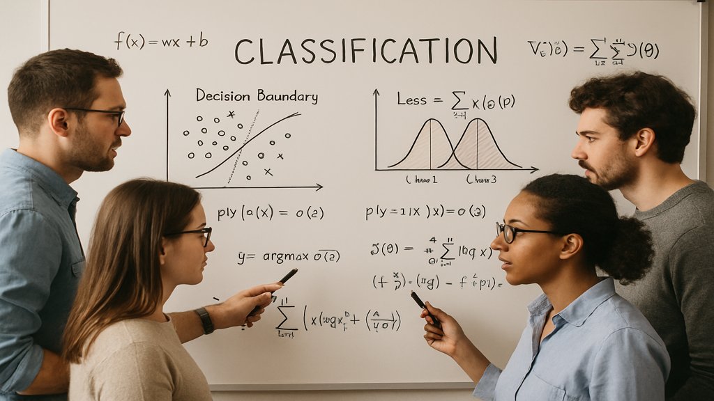 Datenwissenschaftler diskutieren Klassifikationsstrategien an einem Whiteboard.