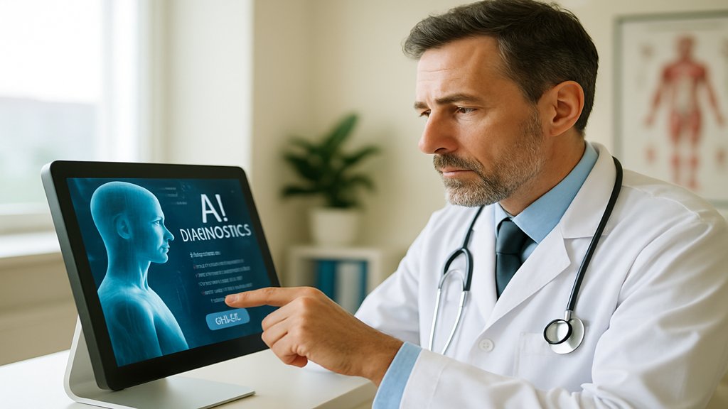 Ein Arzt nutzt ein KI-gestütztes Diagnosegerät in einer modernen Klinik.