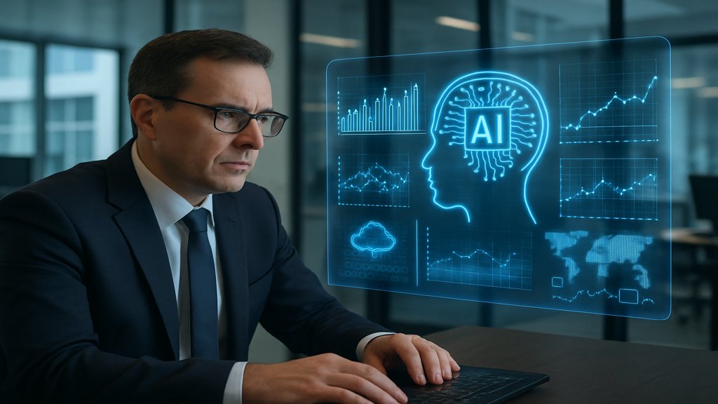 Ein Beamter analysiert KI-Daten auf einem holografischen Bildschirm in einem modernen Büro.