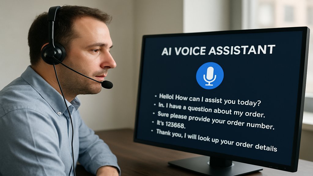 Ein Call-Center-Mitarbeiter arbeitet mit einer KI-gestützten Sprachassistenz.