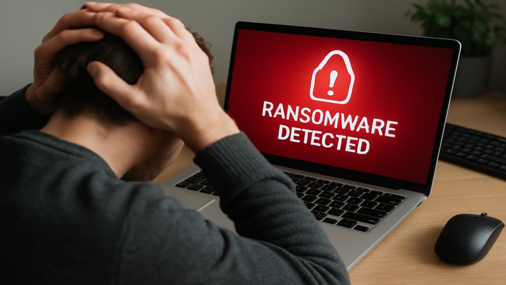 Ein Computer mit einer Ransomware-Warnmeldung und eine verzweifelte Person im Vordergrund.