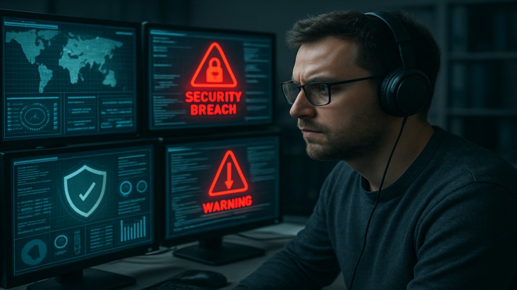 Ein Cybersecurity-Experte analysiert Sicherheitswarnungen auf Monitoren.