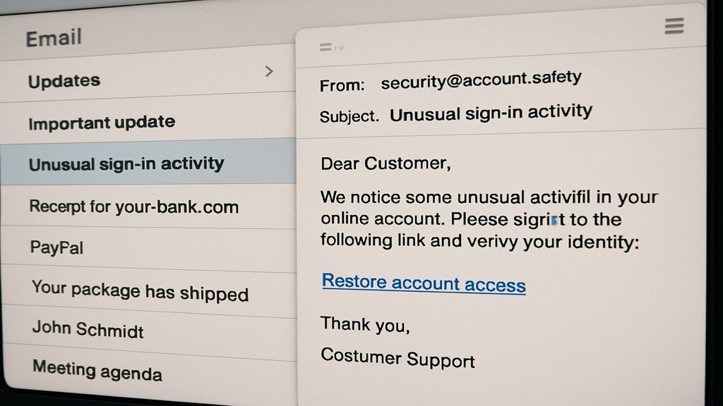 Ein E-Mail-Posteingang mit einer verdächtigen Phishing-Mail, die auffällige Warnzeichen zeigt.