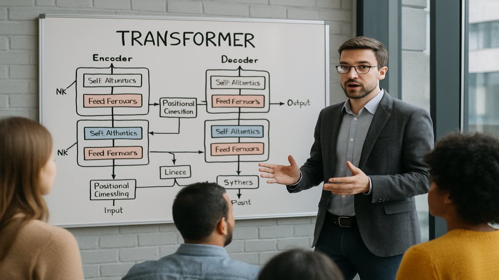 Ein Forscher erklärt ein Transformer Modell, das auf einem Whiteboard skizziert ist.
