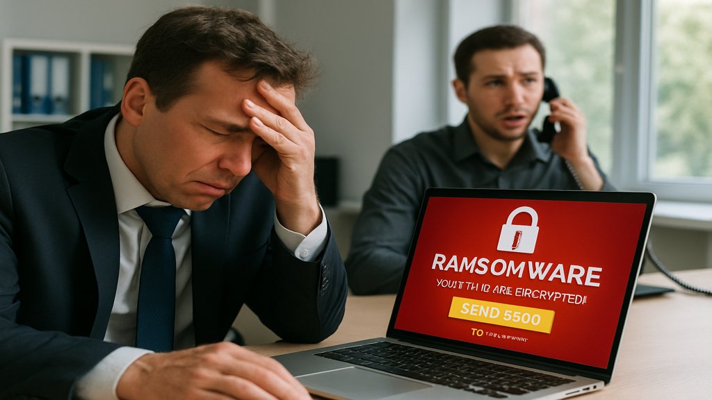 Ein Geschäftsführer, der mit den Folgen eines Ransomware-Angriffs kämpft.