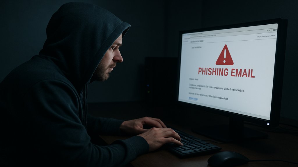 Ein Hacker, der eine Phishing-E-Mail erstellt, dargestellt in einem dunklen Raum.