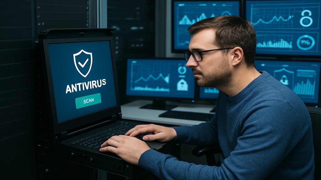 Ein IT-Administrator bei der Arbeit mit Antivirus-Software auf einem Server.