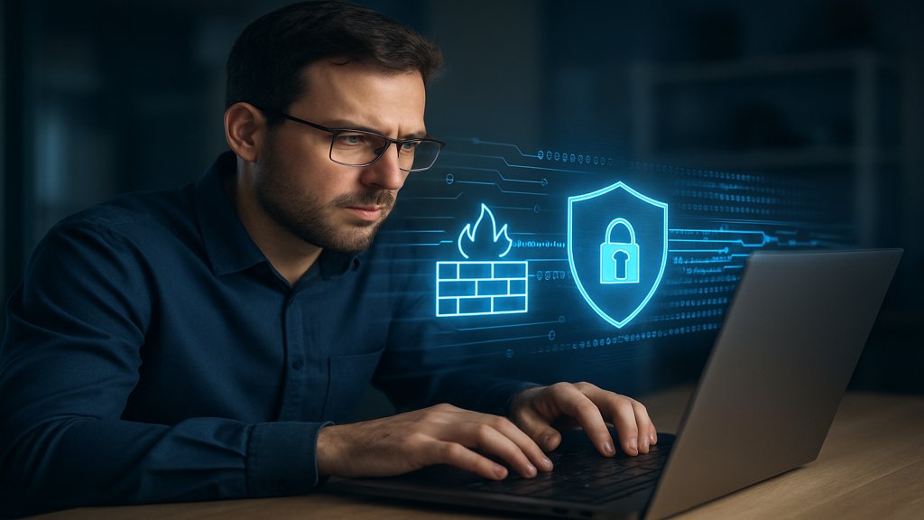 Ein IT-Experte arbeitet an Datensicherheit in der Cloud mit holographischen Sicherheitsgrafiken.