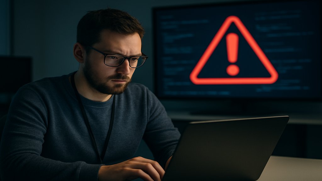 Ein IT-Experte arbeitet an einem Laptop, während ein Warnsymbol auf einem Bildschirm im Hintergrund angezeigt wird.