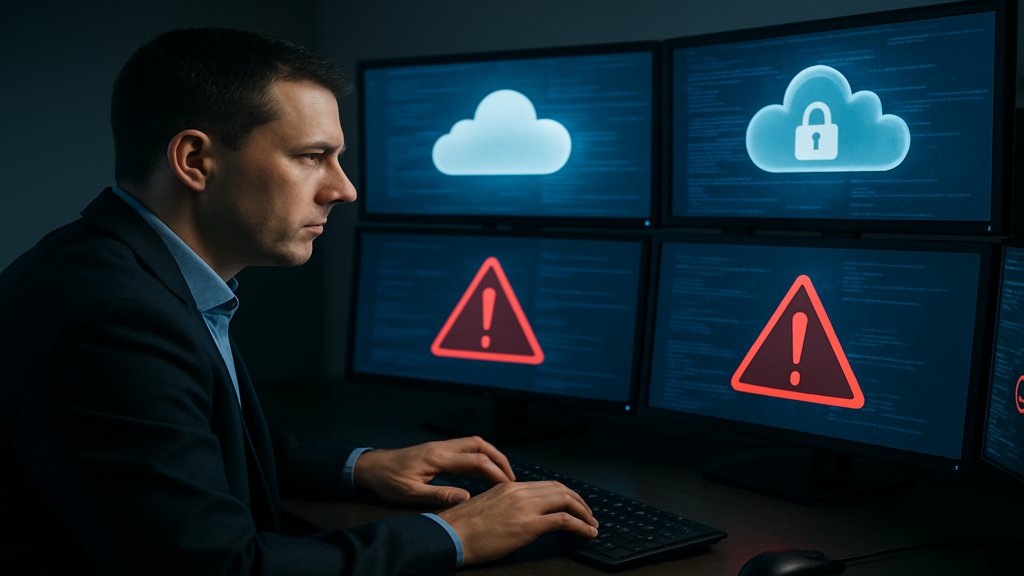 Ein IT-Experte überwacht Multi Cloud Sicherheit auf mehreren Monitoren.