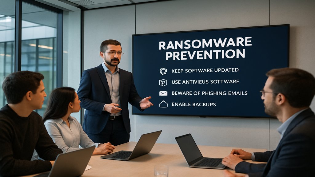 Ein IT-Sicherheitsberater erklärt einem Team Präventionsmaßnahmen gegen Ransomware.