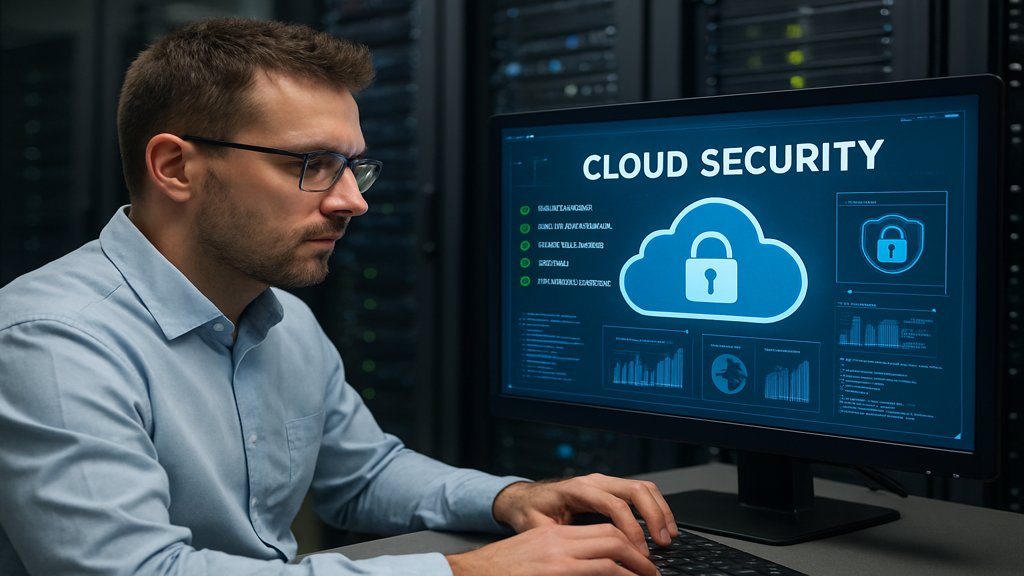 Ein IT-Spezialist arbeitet an Cloud-Sicherheitssoftware mit Servern im Hintergrund.