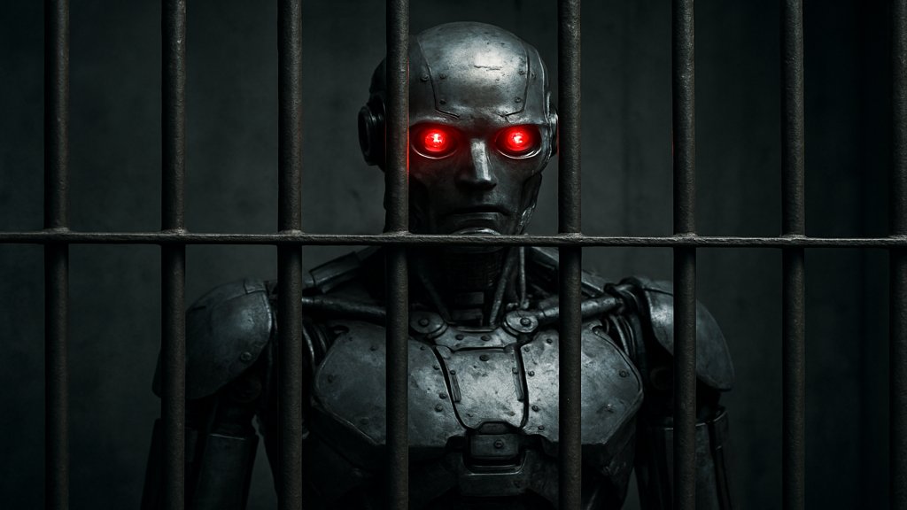 Ein KI-Roboter mit roten Augen hinter Gittern, symbolisch für verbotene KI-Systeme.