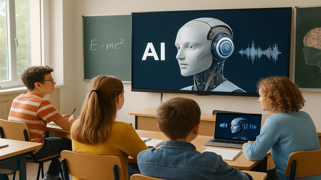 Ein Klassenzimmer, in dem Schüler mit einer multimodalen KI interagieren.