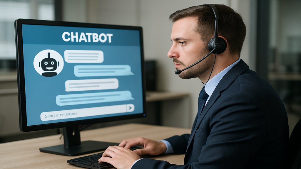 Ein Kundenservice-Mitarbeiter nutzt ein Chatbot-System auf einem Monitor.