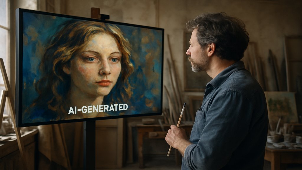 Ein Künstler betrachtet ein KI-generiertes Bild auf einem Bildschirm.