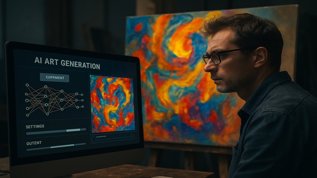 Ein Künstler betrachtet ein von Generativer KI erstelltes Kunstwerk auf einem Bildschirm.