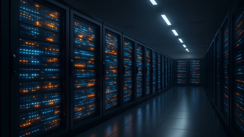 Ein moderner Serverraum mit leuchtenden Datenbanken als Symbol für Datenverarbeitung.