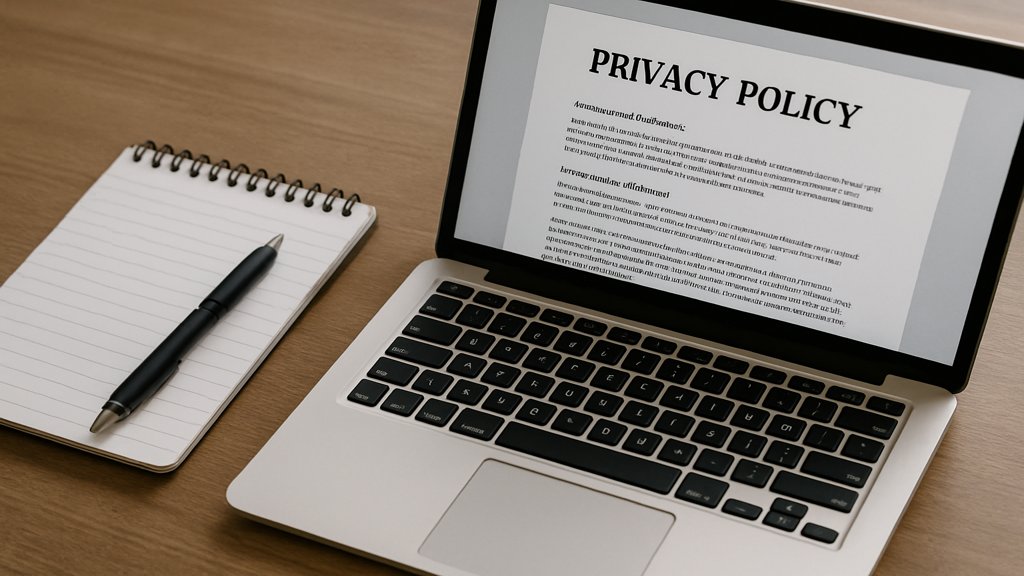 Ein Schreibtisch mit einem Notizblock und einem Dokument zu Datenschutzbestimmungen.