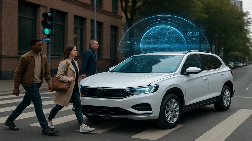 Ein selbstfahrendes Auto mit KI-System an einer Kreuzung.