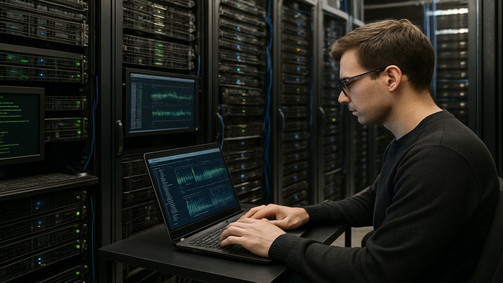 Ein Serverraum mit einer Person, die Daten auf einem Laptop überwacht.