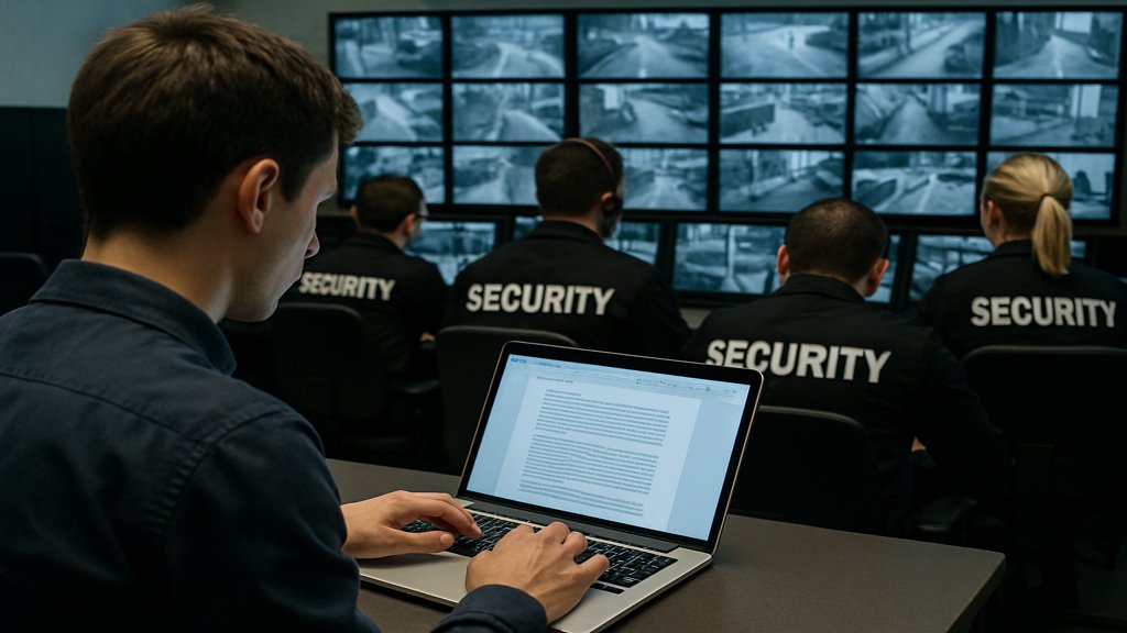 Ein Sicherheitsteam analysiert Daten, während eine Person am Laptop arbeitet.