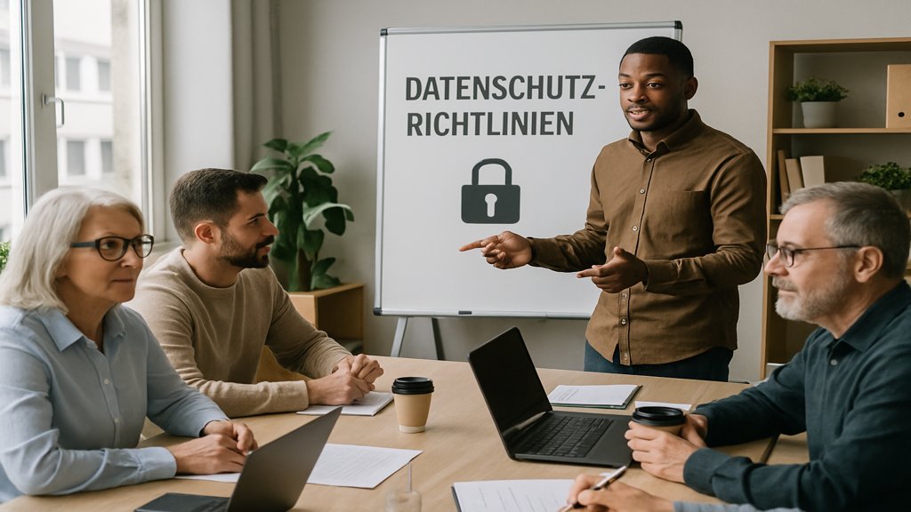Ein Team diskutiert Datenschutzrichtlinien in einem Büro.