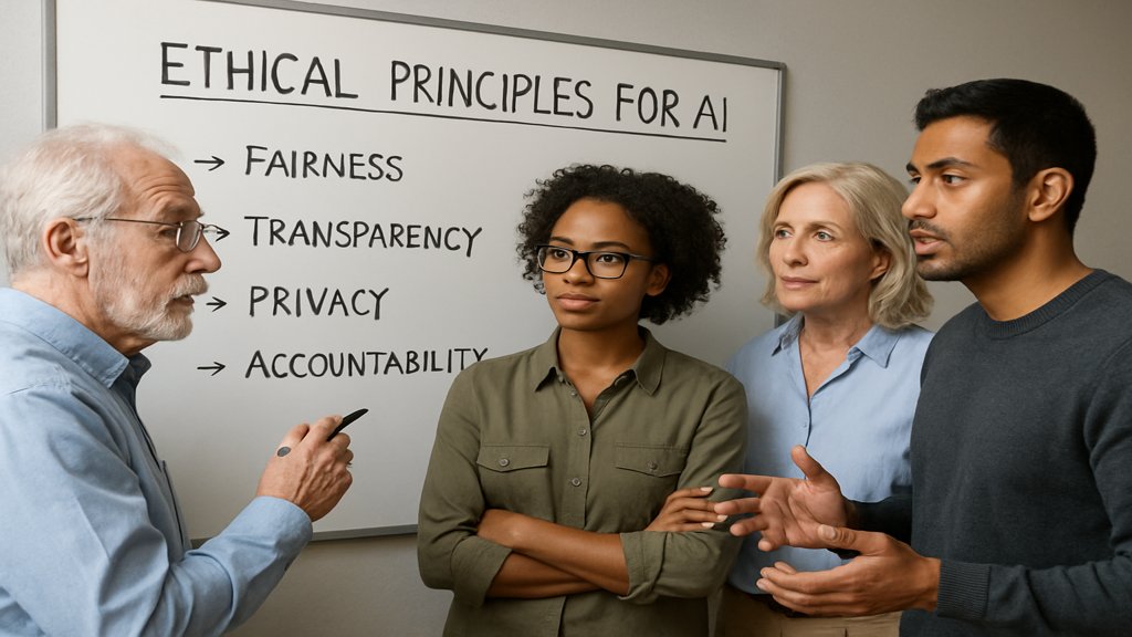 Ein Team diskutiert ethische Prinzipien für KI an einem Whiteboard.