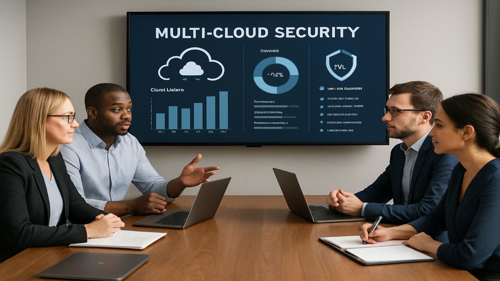 Ein Team diskutiert Sicherheitsstrategien für Multi Cloud in einem modernen Konferenzraum.