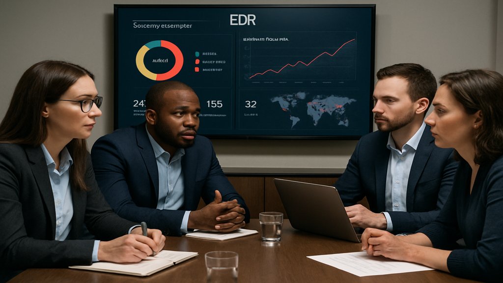 Ein Team diskutiert Sicherheitsstrategien mit EDR-Daten im Hintergrund.