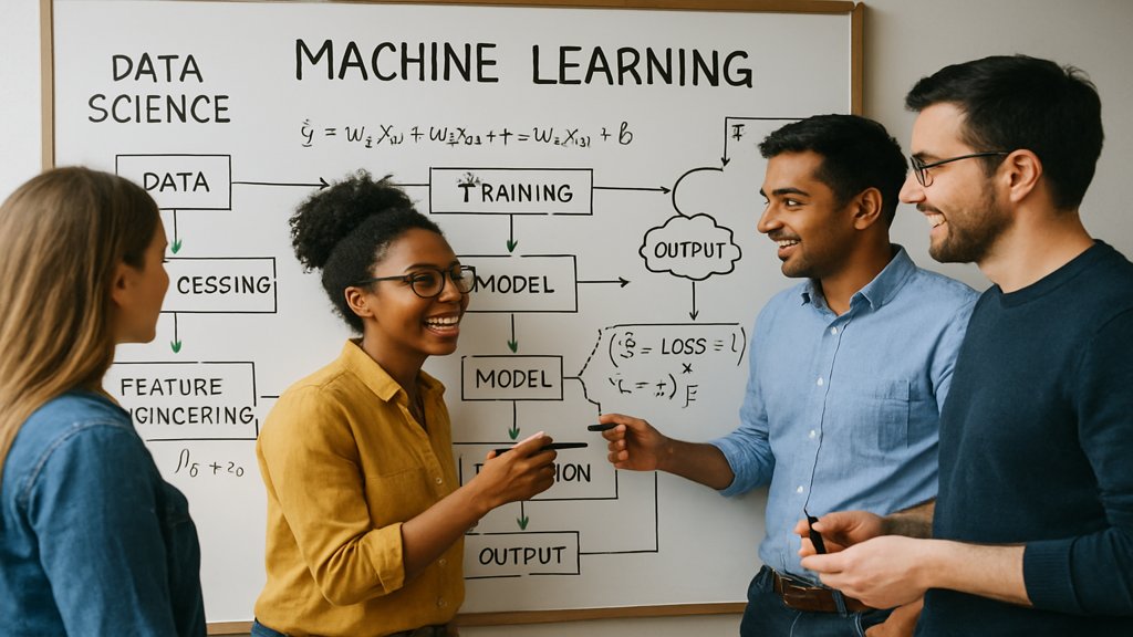 Ein Team von Data Scientists diskutiert Machine-Learning-Modelle an einem Whiteboard.