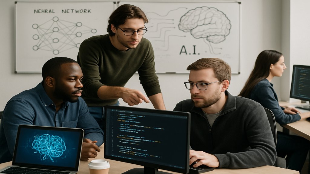 Ein Team von Entwicklern arbeitet an KI-Projekten in einer modernen Umgebung.