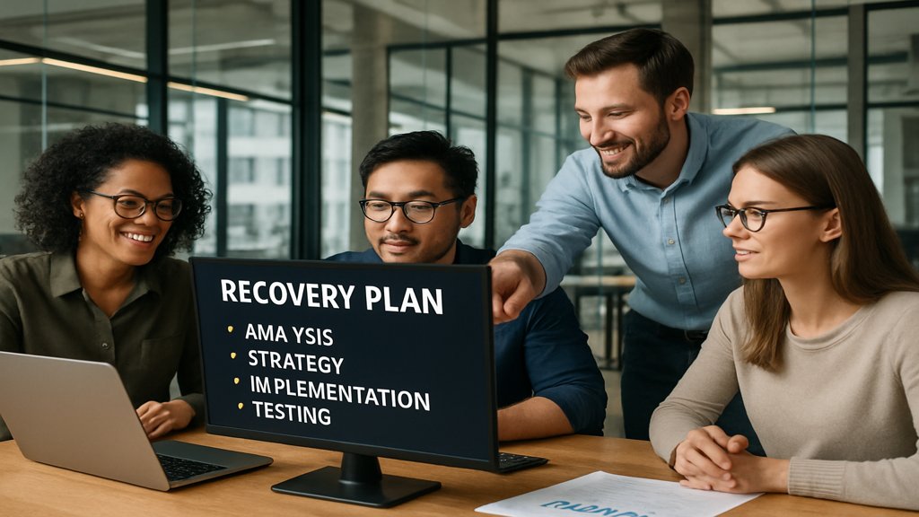 Ein Team von IT-Profis arbeitet an einem Recovery-Plan gegen Ransomware.