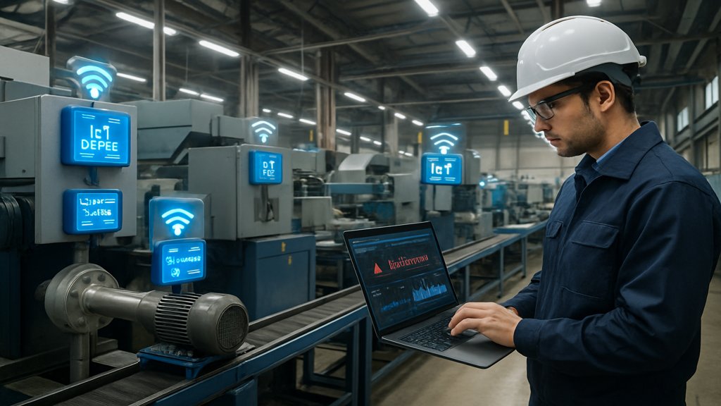 Ein Techniker überwacht Anomalien in einer Produktionshalle mit IoT-Geräten.