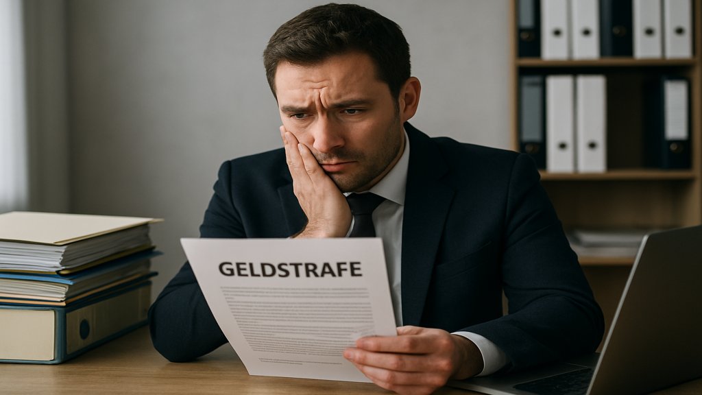 Ein Unternehmer betrachtet besorgt eine Geldstrafe im Zusammenhang mit dem EU AI Act.