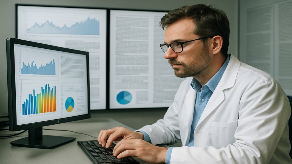 Ein Wissenschaftler analysiert Daten mit einem Computer, Diagramme und Textanalysen im Hintergrund.