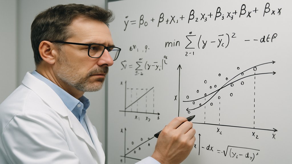 Ein Wissenschaftler analysiert eine komplexe Regression auf einem Whiteboard.