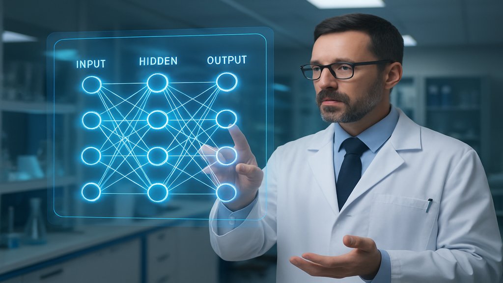 Ein Wissenschaftler erklärt ein neuronales Netzwerk auf einem holografischen Bildschirm.
