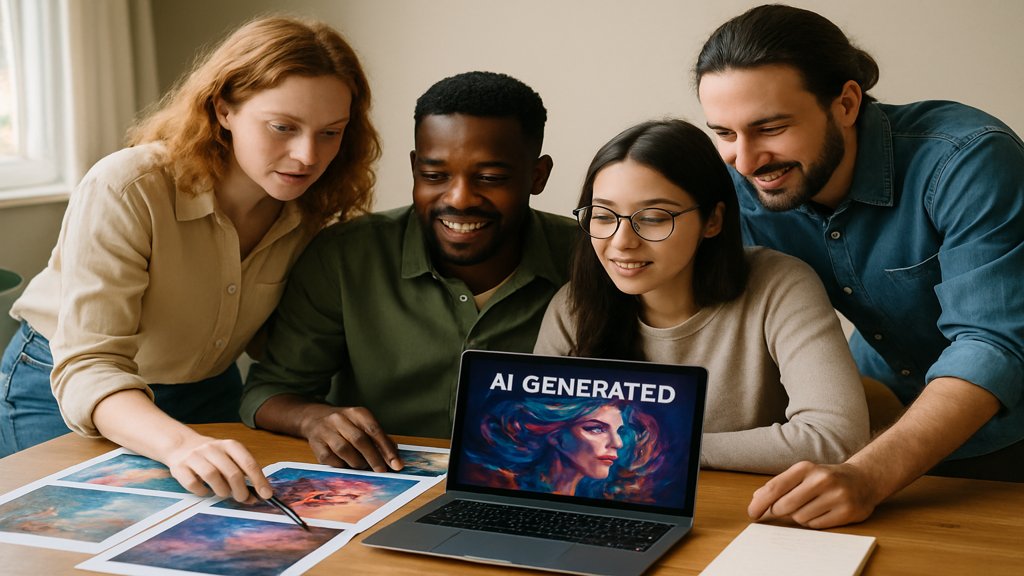 Eine Gruppe arbeitet an einem kreativen Projekt mit KI-generierten Bildern.