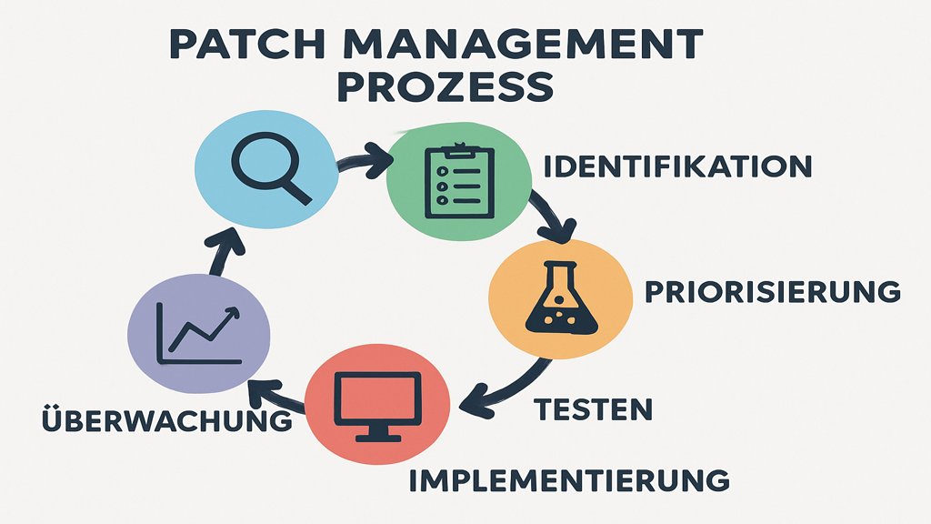 Eine Infografik, die die Schritte des Patch Management Prozesses zeigt.