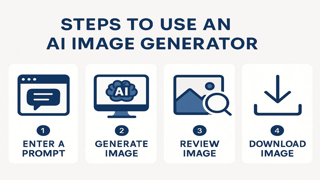 Eine Infografik, die die Schritte zur Nutzung eines KI-Bildgenerators erklärt.