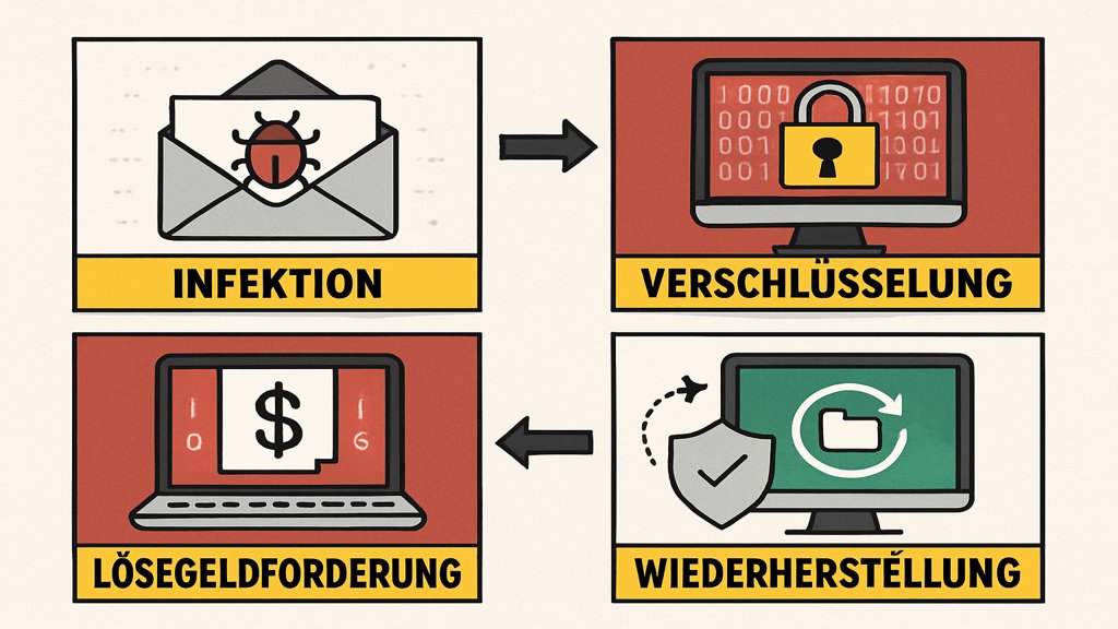 Eine Infografik zu den Schritten eines Ransomware-Angriffs.
