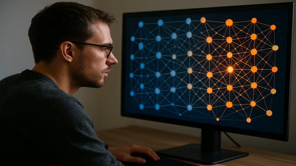 Eine Person arbeitet an einem Bildschirm mit der Visualisierung eines neuronalen Netzwerks.