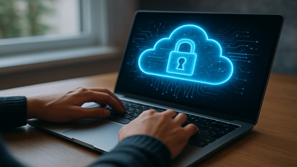 Eine Person arbeitet an einem Laptop mit einer holografischen Cloud-Sicherheitsdarstellung im Hintergrund.