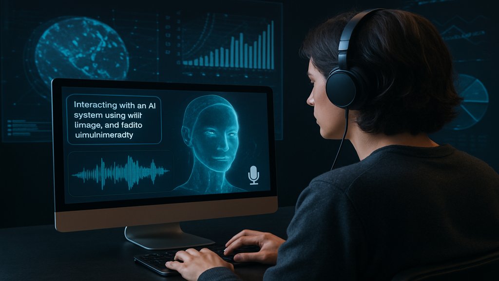 Eine Person, die mit einem multimodalen KI-System arbeitet, umgeben von holografischen Daten.