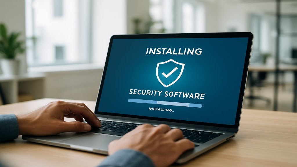 Eine Person installiert Sicherheitssoftware auf einem Laptop.
