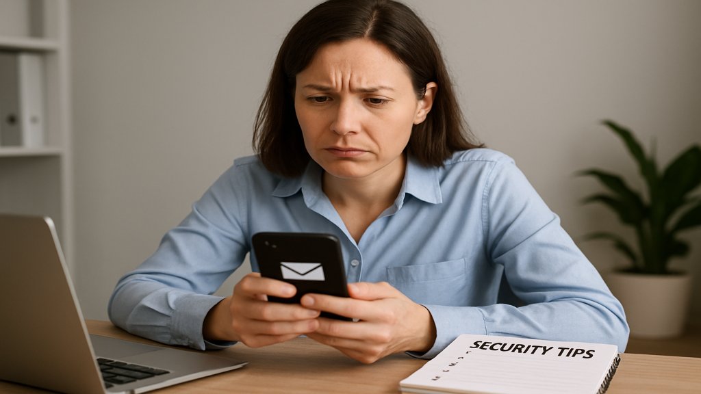 Eine Person überprüft eine E-Mail auf ihrem Smartphone und zeigt Skepsis.